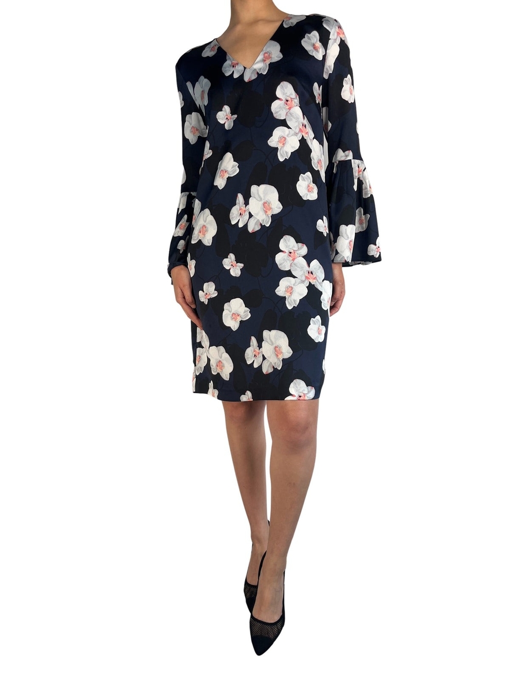 Navy Floral V-Neck Bell Sleeve Shift Dress